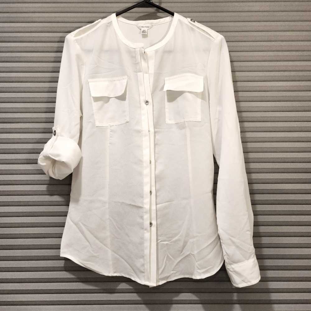 Calvin Klein button down collarless blouse with roll-up sleeves, size S/P